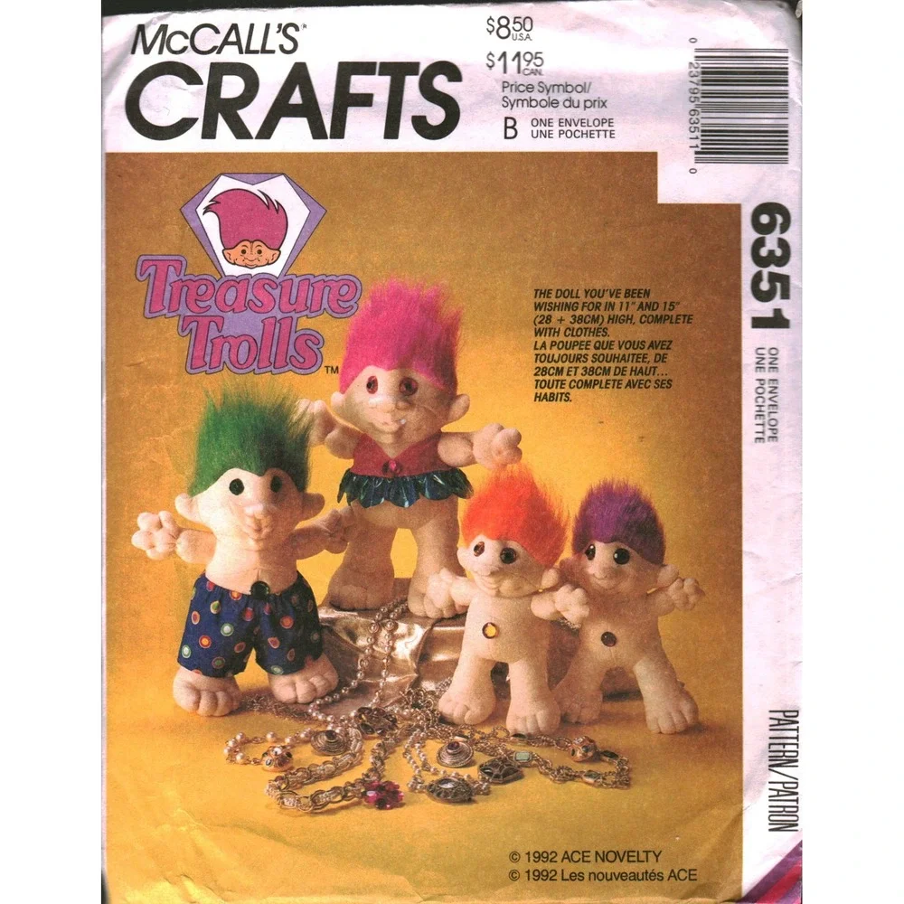 McCalls 6351 Treasure Trolls Doll and Clothes Sewing Pattern 1992 Vtg 11 15in